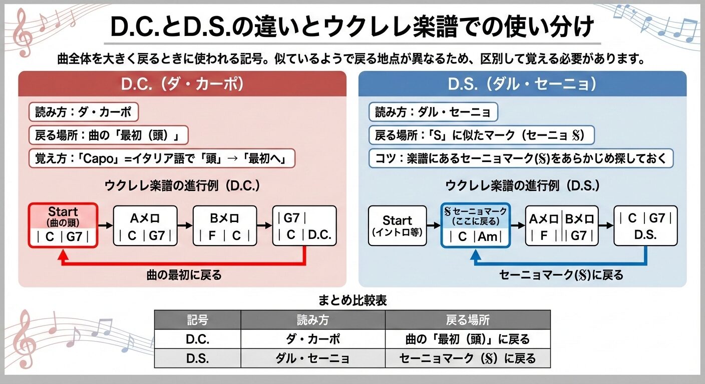 D.C.とD.S.の違いとウクレレ楽譜での使い分け