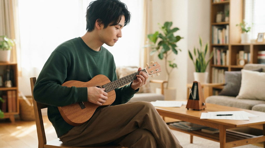 昼のリビングで正しい姿勢を意識しウクレレを練習する男性