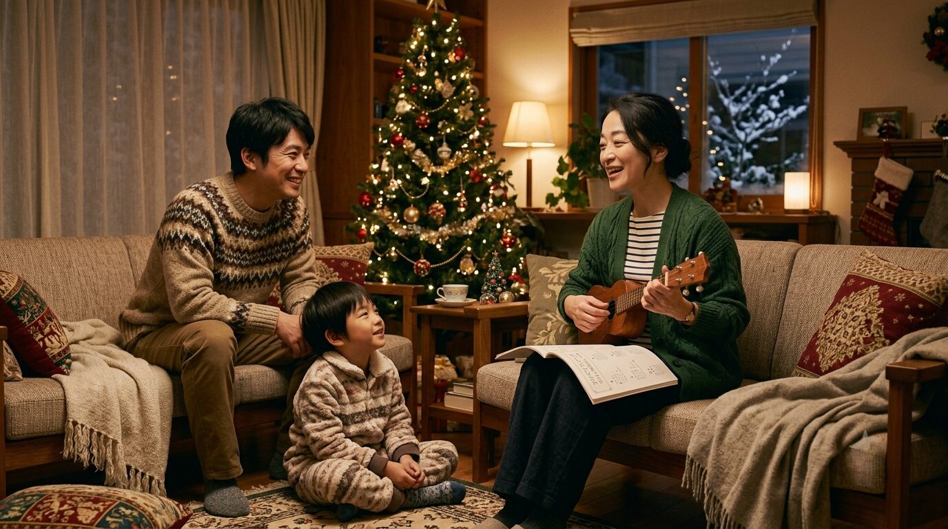 クリスマスソングを歌う妻とそれを聞く夫と子供