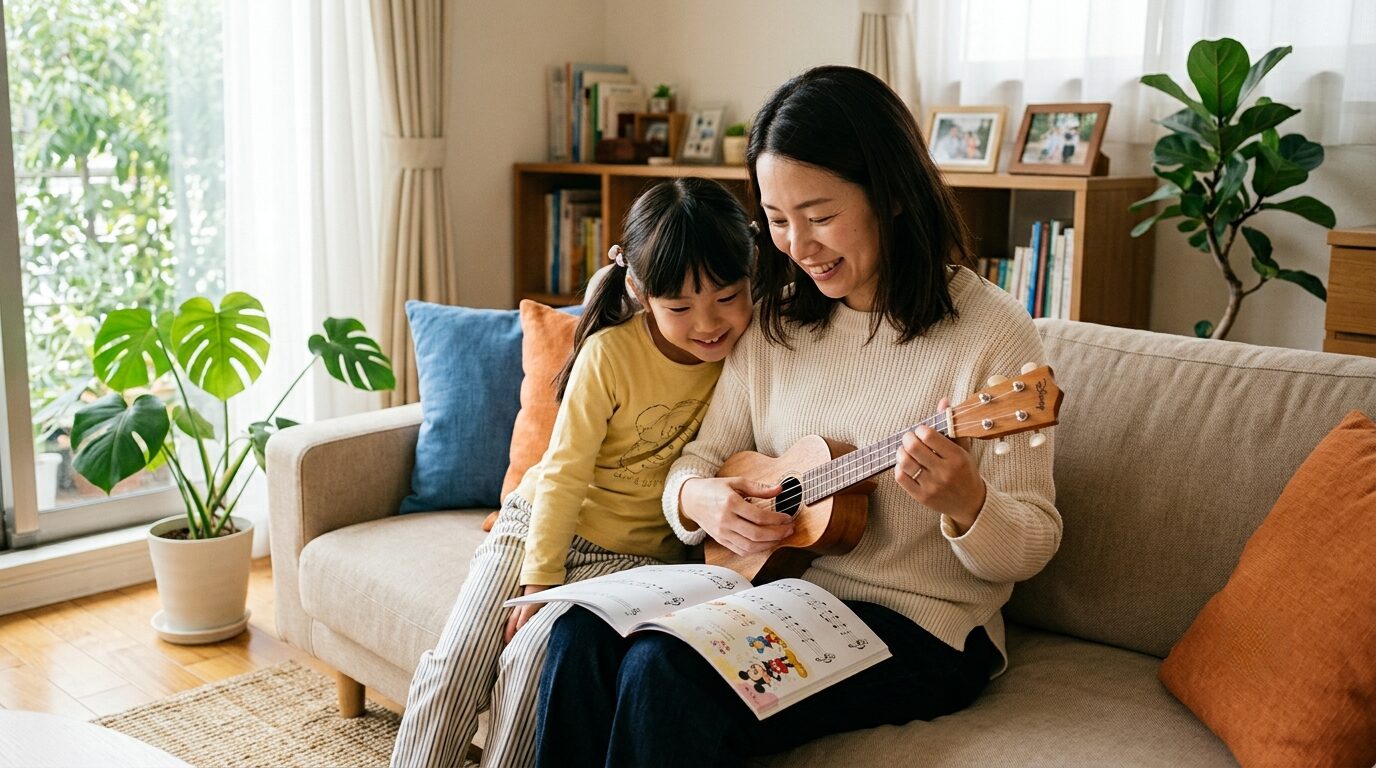 ウクレレでディズニー楽譜を弾く親子の温かな時間