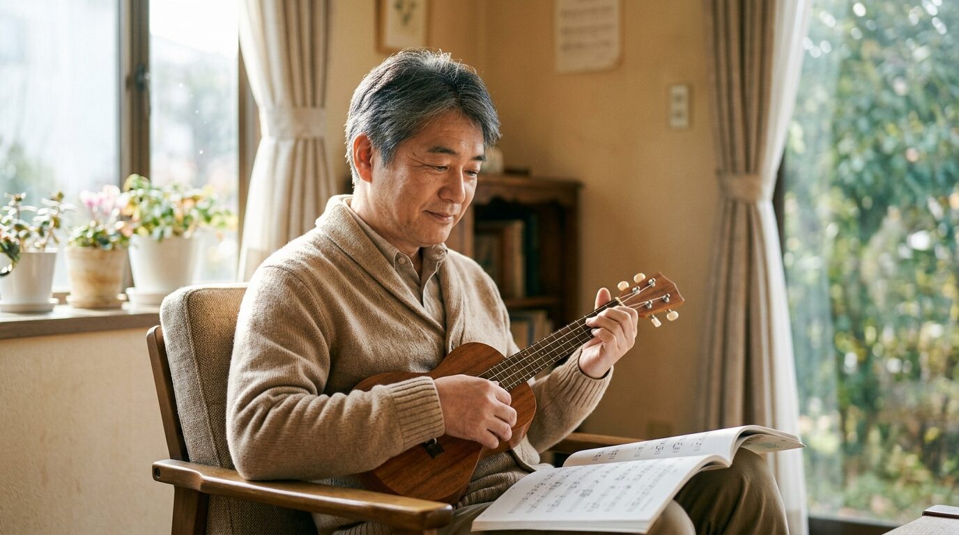 ウクレレで歌謡曲の楽譜を眺め穏やかに微笑むシニア男性