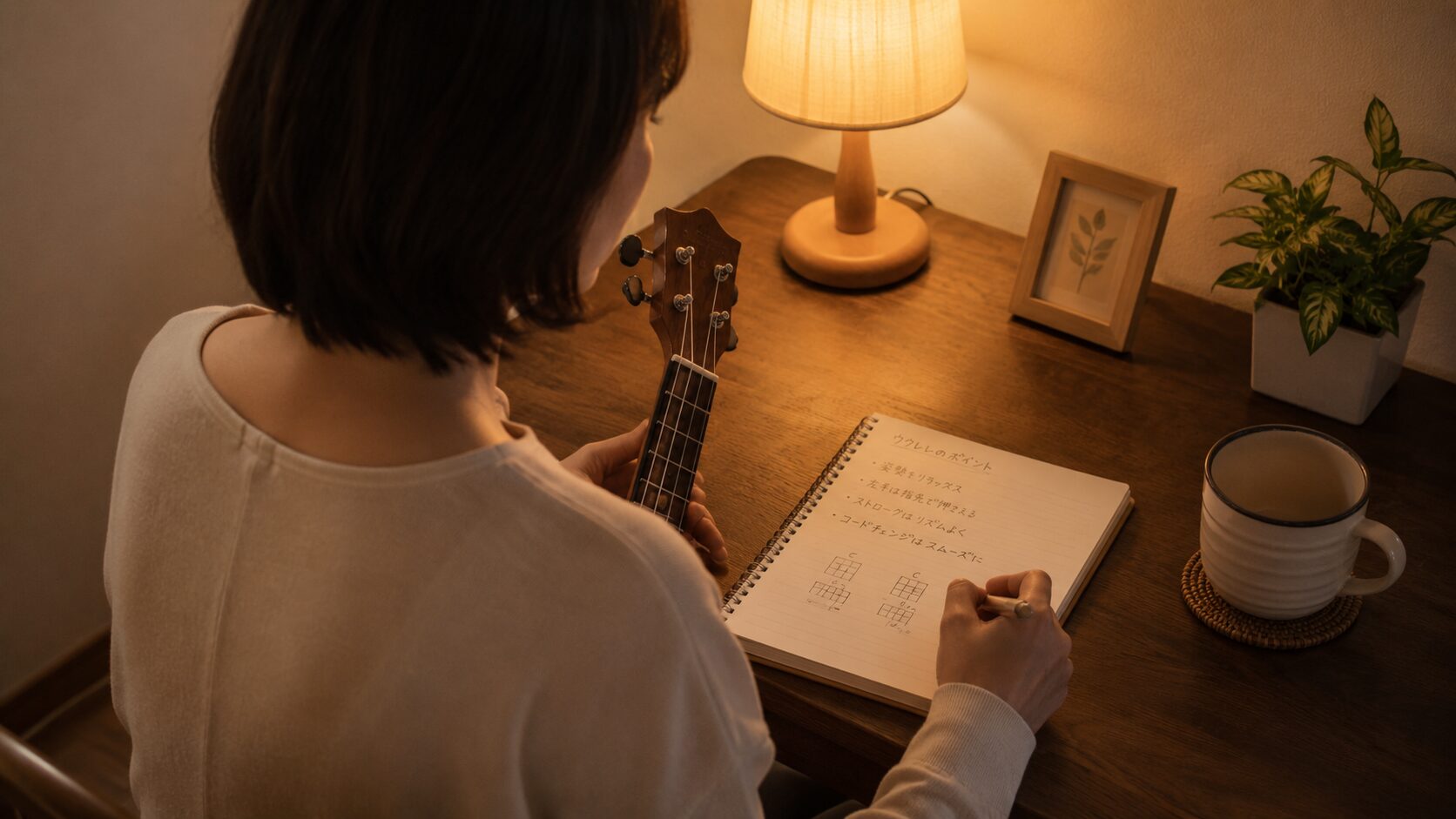 ウクレレ練習のポイントをメモに書き込む様子