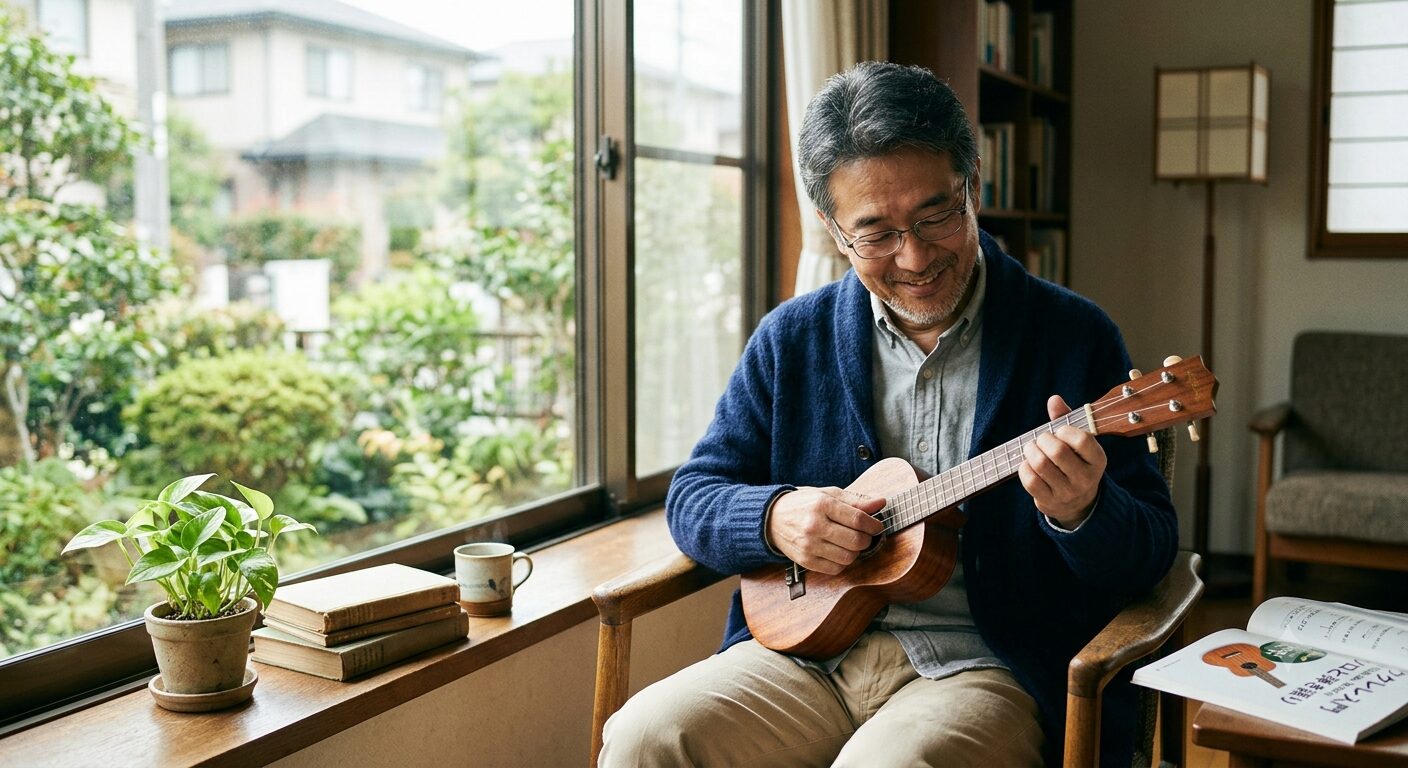 ウクレレの弾き語りとソロの違いを学び始める男性のシーン