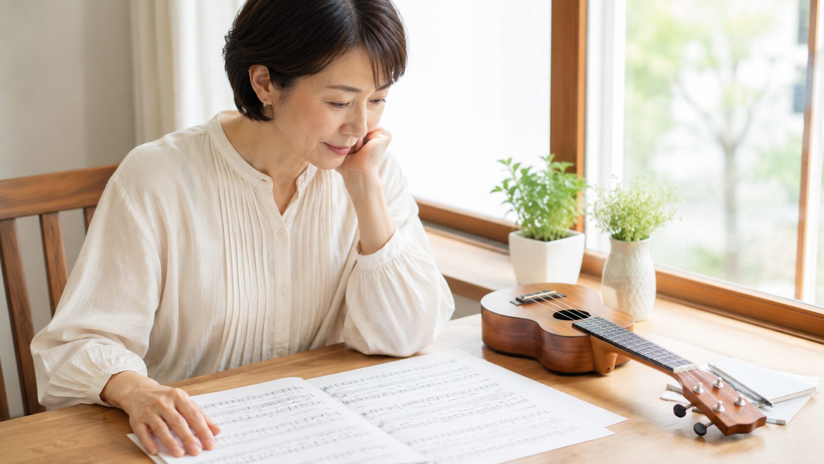 ウクレレと五線譜を前にTAB譜への変換方法を考える女性