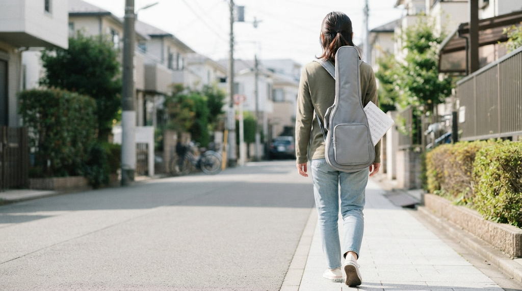 街角でリュック型ウクレレケースを両肩で背負う女性の後ろ姿