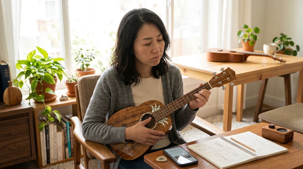 丸いウクレレを抱えて音色選びに悩む女性の様子