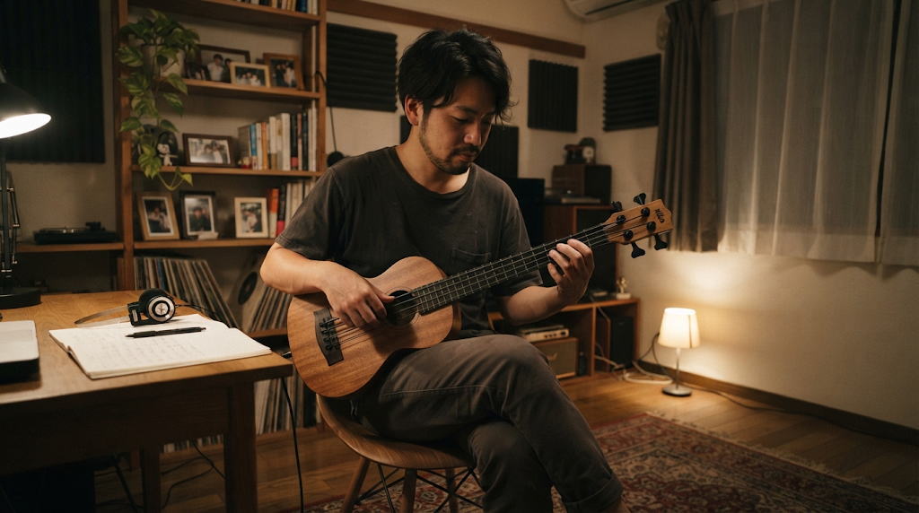 深夜の自室でウクレレベースの低音を確かめる男性